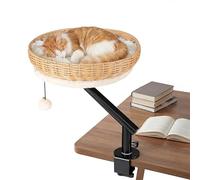 GOPLUS Lit pour Chat de Bureau avec Balle Suspendue, Rotation à 360°, Panier pour Chat en Rotin, Coussin en Peluche Amovible, Support en Métal, Installation sans Perçage, Charge 10KG, Hamac Moderne