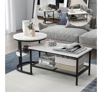 GOPLUS Lot de 2 Tables Basses Gigognes, Rectangulaire Amovible et Table Ronde, Plateau Imitation Marbre Blanc, Table d'Appoint Empilable Moderne pour Salon (Blanc et Noir)