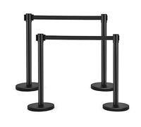 GOPLUS Lot de 4 Poteau de File d'Attente Noir avec Cordon Noir, Poteaux de Guidage Noirs Rétractables avec Ceinture Rétractable de 2M, Poteau de Séparation Rétractable,File d'Attente, Noir+Noir
