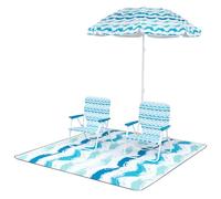 GOPLUS Lot de 4 Salon de Jardin 2 Personnes, Chaise Camping Plage Exterieur avec Parasol Plage, 1 Tapis, Portable Pliante, Sac de Transport, Ancre de Sable, Abri de Soleil pour Plage, Camping, (Bleu)