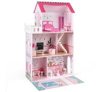 GOPLUS Maison de Poupée en Bois, Grande Maison de Rêve à 3 Étages avec Meubles Détailés, 2 Escaliers et Décor Vibrant, Idéale pour Développement Créatif et Social des Enfants (Rose)