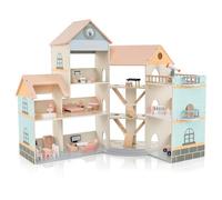 GOPLUS Maison de Poupée Enfant Fille, avec 42 Accessoires, Véritable Balcon, Maison de Poupée de Rêve d'angle en Bois, pour Poupées de 15 cm à 3 Etages 7 Pièces, pour 3+ Ans (Orange)