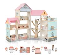 GOPLUS Maison de Poupée Enfant Fille, avec 42 Accessoires, Véritable Balcon, Maison de Poupée de Rêve d'angle en Bois, Manoir pour Poupées de 15 cm à 3 Etages 7 Pièces, pour 3+ Ans