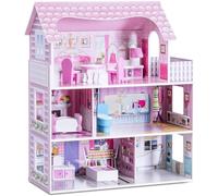 GOPLUS Maison de Poupée Fille, Maison de Rêve en Bois, Villa Enfant à 3 Étages avec Mobiliers, Cuisine, Chambre, Salle de Bain, Balcon, Cadeau pour Enfant 3+ Ans, 61 x 26,5 x 71CM, Rose