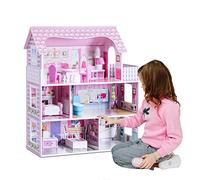 GOPLUS Maison de Poupées, Maison de Rêve en Bois, Villa Enfant à 3 Etages et 5 Pièces avec Mobiliers, Jouet de Rôle, y Compris Cuisine, Chambre, Salle de Bain et Balcon, 61 x 26,5 x 71CM, Rose