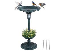 GOPLUS Mangeoire Oiseaux Exterieur avec Lumière Solaire, Abreuvoir d'oiseaux Hauteur 76 CM et Mangeoire avec Bol en Feuille, Jardinière avec Trou de Drainage, Décoratif Autoportant pour Terrasse