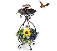 GOPLUS Mangeoire Oiseaux Exterieur Hauteur 79 CM, Abreuvoir d’Oiseaux sur Pied avec Jardinière, Lumière LED Solaire, Cadre en Métal, Meuble Décoratif en Forme Lotus pour Jardin, Terrasse (Laiton)
