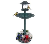 GOPLUS Mangeoire Oiseaux Exterieur sur Piédestal 3 en 1 avec Lumière Solaire, Dia. 50 CM, Abreuvoir Oiseaux Exterieur avec LED, Bain d’Oiseau et Décoration Vintage pour Terrasse, Cour (Bronze Vert)