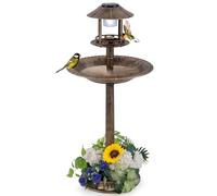 GOPLUS Mangeoire Oiseaux Exterieur sur Piédestal 3 en 1 avec Lumière Solaire, Dia. 50 CM, Abreuvoir Oiseaux Exterieur avec LED, Bain d’Oiseau et Décoration Vintage pour Terrasse, Cour (Laiton)
