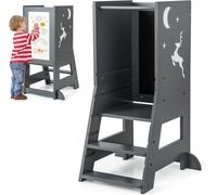 GOPLUS Marchepied Enfants 1-7Ans avec Tableau Blanc/Noir-Tour d'Apprendissage Montessori Plate-Forme et Marches Réglables Gris