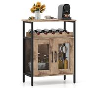 GOPLUS Meuble Bar à Vin, Table Autoportante Industriel avec Porte-Verres, Casier à Vin Amovible, Porte en Métal Grillagé, Buffet pour Cuisine, Salle à Manger, Salon, 60 x 34 x 79 CM (Gris Bois)