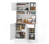 GOPLUS Meuble de Rangement avec Station de Charge, 4 Armoire&Tiroir Coulissant, 3 Niveaux Étagères Réglables, Buffet de Cuisine Haut avec 2 Prises,1 Ports USB 1 Type Cpour Cuisine, Blanc (Blanc)