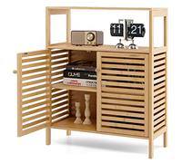 GOPLUS Meuble de Rangement en Bambou, Armoire Rangement de Salle de Bain avec Portes à Persiennes et Étagères Ouvertes, Étagère Intérieur Amovible, 64x27,5x80CM, Naturel