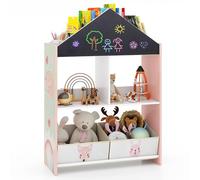 GOPLUS Meuble de Rangement Enfant, Bibliothèque Enfant en Bois Forme de Maison avec 2 en 1 Tableau Noir/Blanc, Étagère de Livres Jouets avec 2 Bac Pliable, pour Ecole Maison Maternelle (Rose)