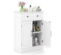 GOPLUS Meuble de Salle de Bain avec Grand Plateau, Tiroirs et 2 Étagères Amovibles et Réglables, Armoire Salle de Bain au Sol avec 2 Porte, Dispositif Anti-Basculement, Convient pour Toilette (Blanc)