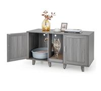 GOPLUS Meuble Litiere Chat 3 en 1, Maison de Toilette Chat en Bois 52x120x65CM, Cache Litiere avec 2 Porte, Pieds Réglables, Planche à Griffer Détachable, Trou de Ventilation, Table TV, Moderne