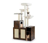 GOPLUS Meuble Litiere Chat avec 2 Bols d’Alimentation, Hauteur 161CM, Arbre a Chat avec Niche, Plateforme, 2 Hamac, Perchoir Surélevée, Coussin Amovible et Lavable, Poteaux à Griffer, Armoire 2 Portes