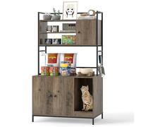 GOPLUS Meuble Litiere Chat avec Planche à Griffer, 78 x 51 x 137 CM, Cache Litiere pour Chat avec Armoire à 2 Portes, 4 Crochets, Barrière de Sécurité, 3 Étagères Ouvertes, Patin Réglables, Intérieur