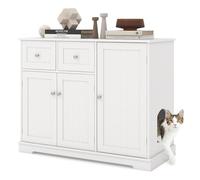 GOPLUS Meuble Litiere Chat avec Trou d’Entrée Latéral, Cache Litiere Chat à 2 Porte, Plateau Spacieux, 100 x 45 x 80 CM, 2 Tiroirs et 2 Compartiment de Rangement pour Chaton, Idéal pour Chambre, Blanc