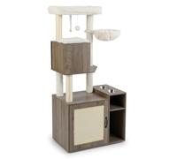 GOPLUS Meuble Litiere Chat Hauteur 155 CM, Arbre a Chat avec Niche, Hamac, Armoire Moderne pour Rangement, Maison de Litière, Bols d’Alimentation, avec Planche à Griffer, Balles Suspendu, Interieur