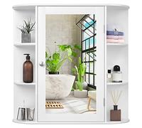 GOPLUS Meuble Mural avec Miroir de Salle de Bain, Armoire de Toilette Miroir avec 10 Étagères, Armoire Murale Placard de Rangement avec Porte Magnétique, 65 x 17 x 63CM, Blanc