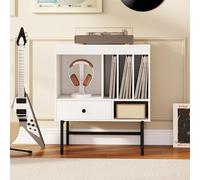 GOPLUS Meuble Platine Vinyle 3 Niveaux pour Albums, 70 x 40 x 80CM, Support de Tourne-disques avec Tiroir, 5 Compartiments Ouverts pour Disque, Étagère Rangement pour Vinyle pour Salon, Studio (Blanc)