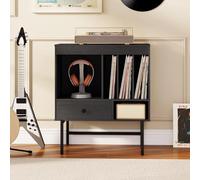 GOPLUS Meuble Platine Vinyle 3 Niveaux pour Albums, 70 x 40 x 80CM, Support de Tourne-disques avec Tiroir, 5 Compartiments Ouverts pour Disques, Étagère Rangement pour Vinyle pour Salon, Studio (Noir)
