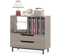 GOPLUS Meuble Platine Vinyle 4 Niveaux pour 300 Albums Disques, 91 x 36 x 87 CM, Support Tourne Disque Vinyle avec 2 Tiroirs, Compartiment Ouvert, Cadre Métal, Idéal pour Chambre, Salon, Studio (Gris)