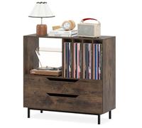 GOPLUS Meuble Platine Vinyle 4 Niveaux pour 300 Albums Disques, 91 x 36 x 87 CM, Support Tourne Disque Vinyle avec 2 Tiroirs, Compartiment Ouvert, Cadre Métal, Idéal pour Chambre, Salon, Studio (Café)