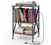 GOPLUS Meuble Platine Vinyle à 3 Niveaux avec Station de Charge, Roulettes Verrouillables, Cadre en Métal, Table d'Appoint pour 250 Vinyles pour Salon, Bureau, 52x45x75cm (Marron Rustique)