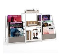 GOPLUS Meuble Platine Vinyle, Armoire d'Exposition avec 3 Étagères & 6 Poches, Cadre Métallique Solide, Agencements Personnalisables, Support Rangement Vinyles, Studio, Café,125 x 30 x 69 CM (Blanc)