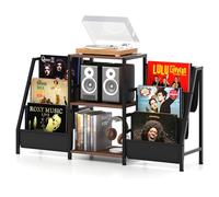 GOPLUS Meuble Platine Vinyle, Armoire d'Exposition avec 3 Étagères & 6 Poches, Cadre Métallique Solide, Agencements Personnalisables, Support Rangement Vinyles, Studio, Café,125 x 30 x 69 CM (Marron)