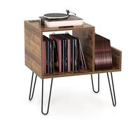 GOPLUS Meuble Platine Vinyle avec Station de Charge, 2Prise&2USB, 66 x 45 x 67 CM, Support pour Tourne-disque avec Séparateur Amovible pour 145 Album, Étagère Ouvert, Pieds en Métal, pour Bureau(Gris)