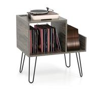 GOPLUS Meuble Platine Vinyle avec Station de Charge, 2Prise&2USB, 66 x 45 x 67 CM, Support pour Tourne-disque avec Séparateur Amovible pour 145 Album, Étagère Ouvert, Pieds en Métal, pour Bureau(Gris)