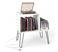 GOPLUS Meuble Platine Vinyle avec Station de Charge, 2Prise&2USB, 66 x 45 x 67 CM, Support pour Tourne-Disque avec Séparateur Amovible pour 145 Album, Étagère Ouvert, Pieds en Métal, pour Bureau