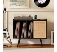 GOPLUS Meuble Platine Vinyle avec Station de Recharge, Support Disques Vinyles avec Armoire à Porte Rotin, Présentoir Disques avec Étagère Réglable en Hauteur, pour Salon,80 x 40 x 64,5 CM (Noir)