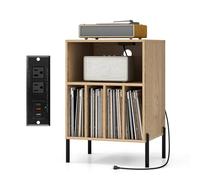 GOPLUS Meuble Platine Vinyles avec Station de Charge, 2 Prise, 2 USB & 1 Type C, Support Tourne-Disque avec 5 Compartiments, Kits Anti-basculement, Pieds en Métal, 53x45x78,5cm (Naturel)