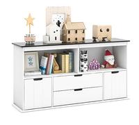 GOPLUS Meuble Rangement Enfant, Bibliotheque Enfant Bois avec Tableau Noir & 4 Bacs Amovibles, Organisateur de Jouets avec Dispositif Anti-Basculement, Armoire pour Chambre Enfant Bebe