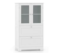 GOPLUS Meuble Salle de Bain, 60 x 30 x 108 CM, Colonne Salle de Bain avec 2 Portes en Verre Trempé, Plateau Grand, 2 Tiroir Coulissant, Étagère Réglable sur 3 Niveaux, Idéal pour Salon, Cuisine, Blanc
