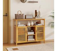 GOPLUS Meuble Salle de Bain en Bambou, Armoire Salle de Bain avec 3 Etagères, 2 Portes, Dispositif Anti-basculement, 100 x 35 x 80 cm, pour WC, Salon, Entree, Natural