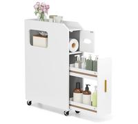 GOPLUS Meuble Salle de Bain Étroit, 50 x 16 x 69 CM, Meuble de Rangement Fin avec Support pour Papier Toilette, 2 Tiroir, 2 Roue Verrouillable, Poignée Pratique, Idéal pour Buanderie, Toilette (Noir)