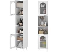 GOPLUS Meuble Salle de Bain Haut avec 2 Placards à Porte Verre Strié, Colonne Salle de Bain à Étagères Réglables 35x30x180 CM