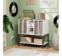 GOPLUS Meuble Vinyle avec Station de Charge, 80 x 45 x 79,5 CM, pour Jusqu’à 150 Albums, Meuble Platine Vinyle avec Support Tourne-Disque, 6 Compartiments & Cadre en Métal, pour Salon, Bureau (Blanc)