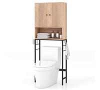 GOPLUS Meuble WC Au-Dessus des Toilettes, Meuble Salle de Bain avec Armoire à Double Porte, Compartiment Ouvert, Etagère Réglable, Barre Inférieure, pour Buanderie, 63x23x165,5cm (Naturel)