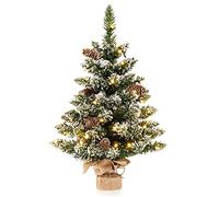 GOPLUS Mini Sapin de Noel Artificiel 64 CM, Petit Sapin de Noel Floqué de Neige avec 50 Lumières LED, 8 Modes d'Éclairage 75 Branches et 8 Pommes de Pin, Mini Décoration de Fête à Piles pour Maison