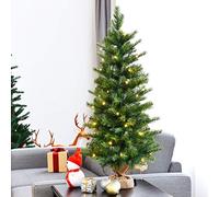 GOPLUS Mini Sapin de Noël Artificiel 90 CM, LED Lumières Blanche Chaude et Minuteur avec 3 Modes d’Eclairage, Arbre de Noël avec 363 Branches, Base en Ciment et Lin, Décorations de Noël