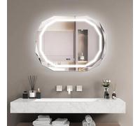 GOPLUS Miroir LED Mural de Salle de Bain Antibuée, Miroir avec Éclairage LED 3 Couleurs, Fonction Mémoire et Antibuée, Lecture Heure et Température, Ovale