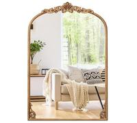 GOPLUS Miroir Mural Doré, Miroir Entrée Vintage Baroque avec Cadre Métallique, Crochets Soudés, Vis d'Expansion, Décoration Décoratif Arqué pour Salon, Couloir (90 x 61cm)