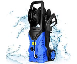 GOPLUS Nettoyeur Haute Pression 1400W, 140 Bar, 300 L/H avec Buse Lotus, Buse Haute Pression, Brosse et Pot de Lessive, Enrouleur Flexible, Tuyau 5M avec 2 Roues pour Voiture, Jardin, Terrasse (Bleu)