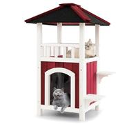 GOPLUS Niche pour Chat Exterieur en Bois à 2 Étages, Toit en Asphalte, Balcon, Rideau de Pluie, Plates-Formes de Saut, Niche Chat Sol Amovible, Résistant aux Intempéries, pour Chats Différents Taille